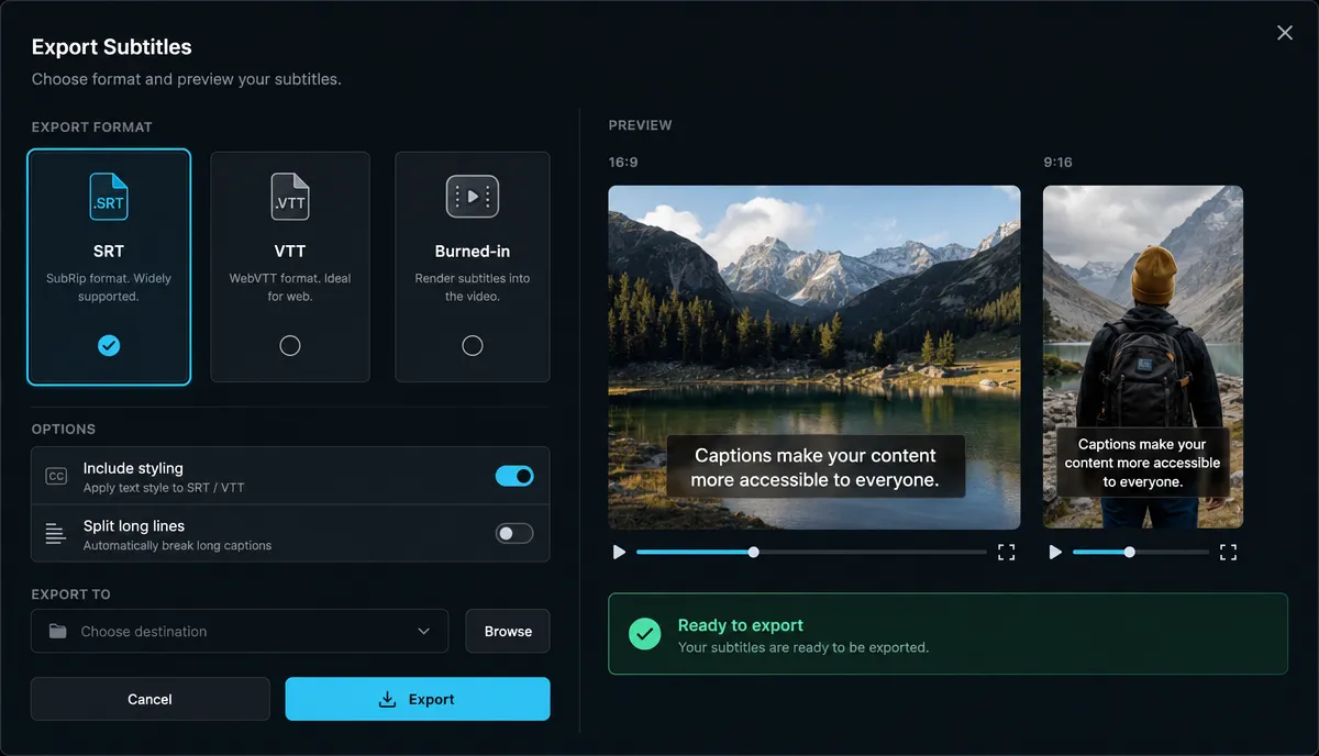 Subtitle export settings screenshot