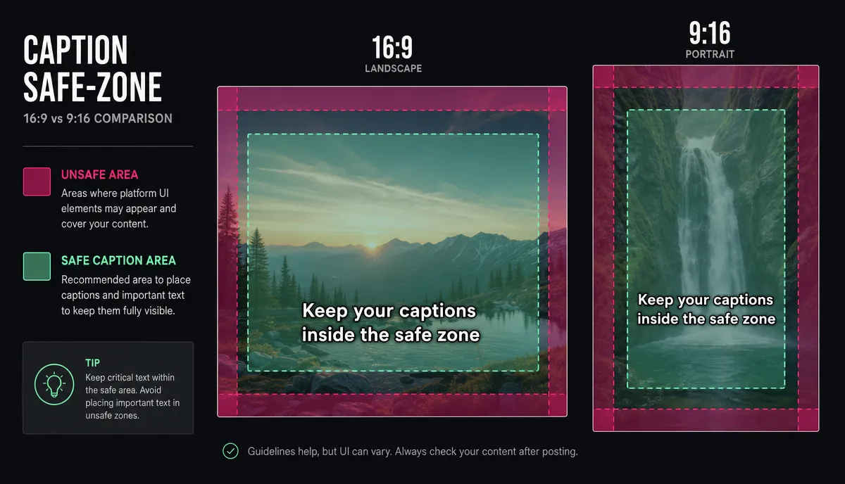 Subtitle safe-zone guide for 16:9 and 9:16 video