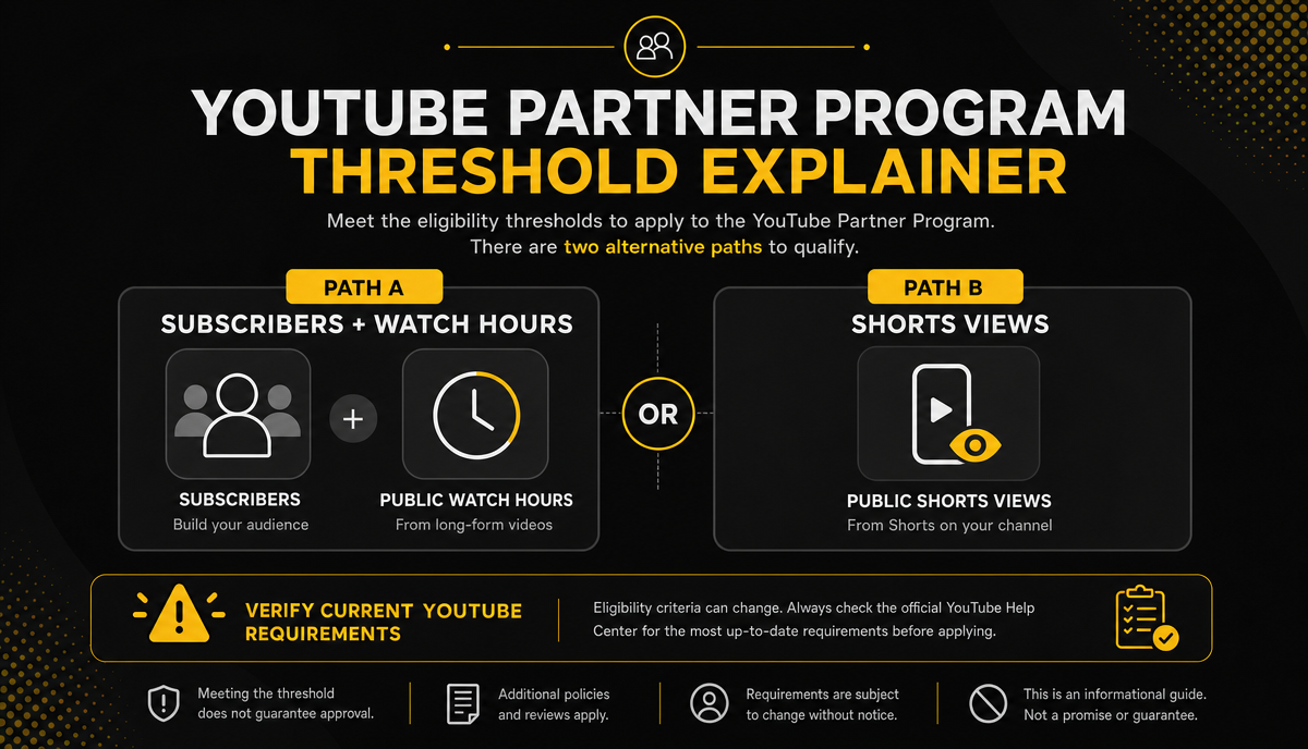 YPP 门槛信息图(标注 YouTube 官方来源)