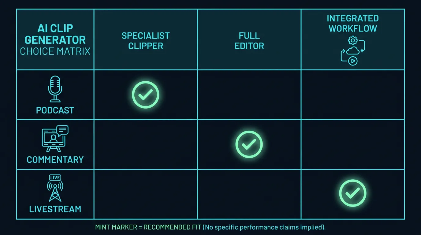 Scenario matching matrix for podcast, recap, livestream, and tools