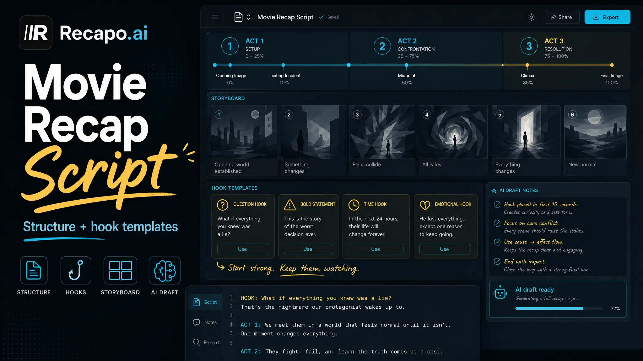 Een movie recap script schrijven (structuur + hook-templates)