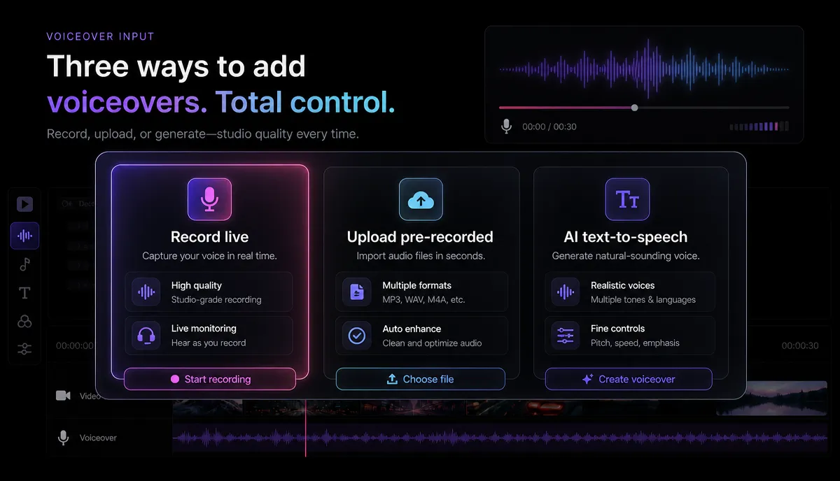 How to Add an AI Voiceover to Any Video detail image: Three voiceover methods