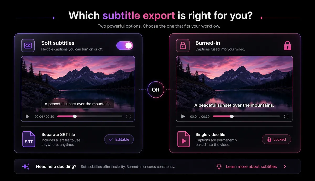 How to Burn Subtitles Into a Video (Hardcode Guide) detail image: Soft vs burned subtitles