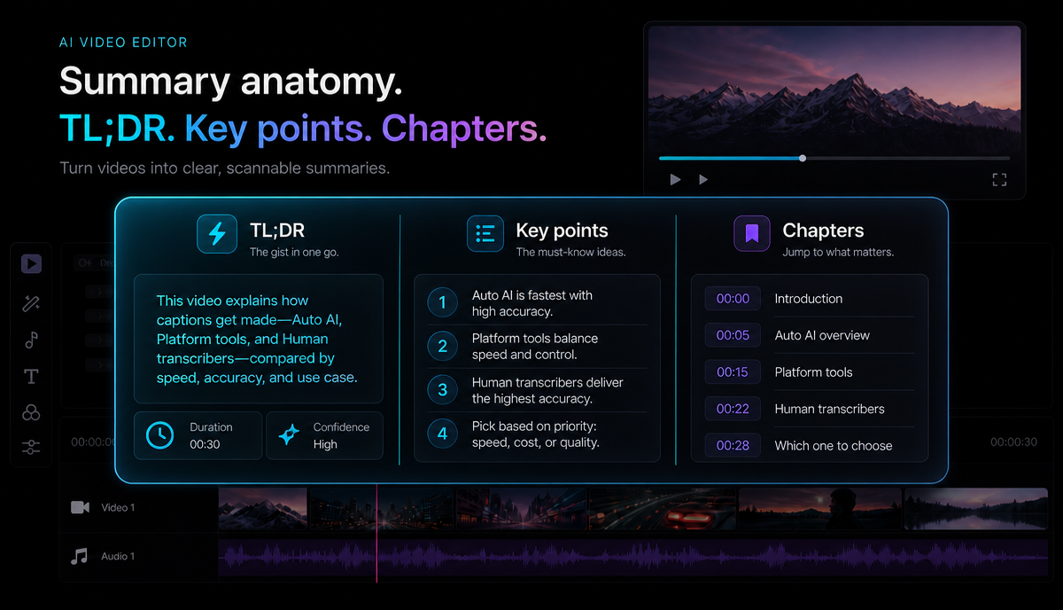 长视频怎么快速摘要并出片段 文章详情图:Summary to clips workflow