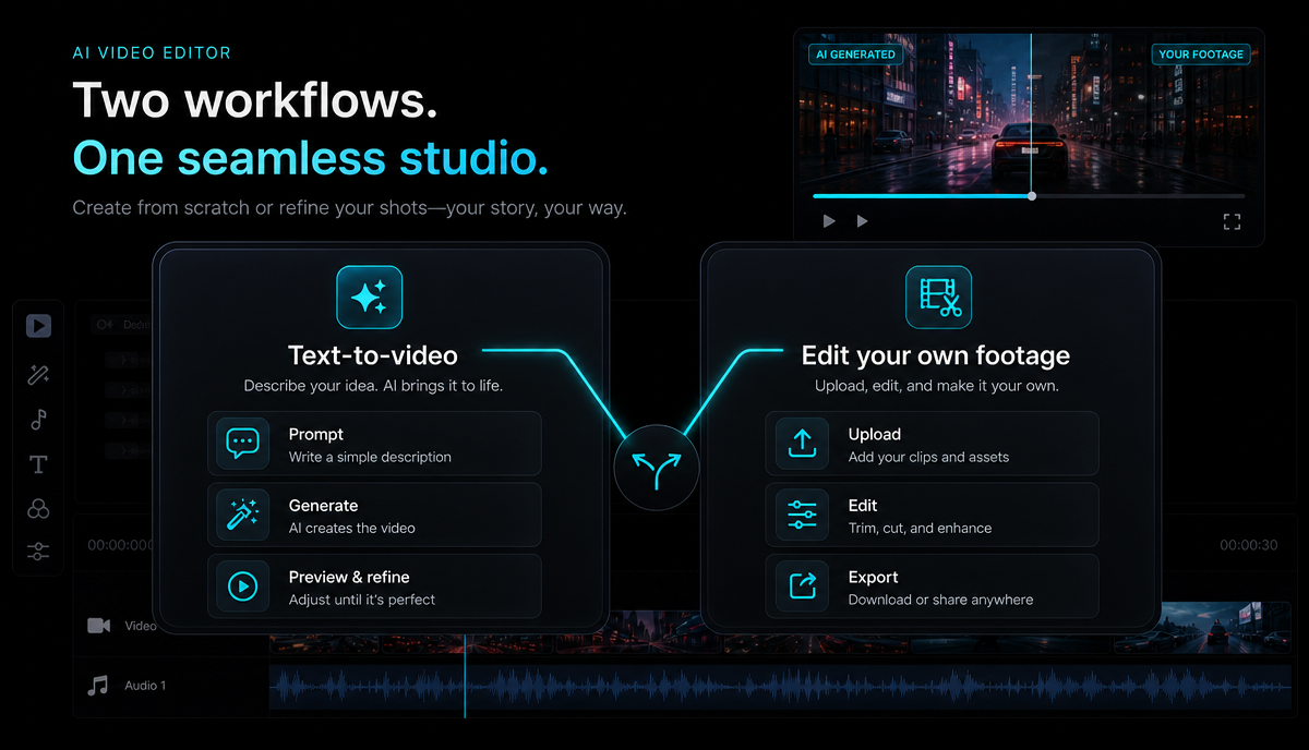 InVideo Alternatives for Text-to-Video (2026) detail image: Text-to-video vs own footage