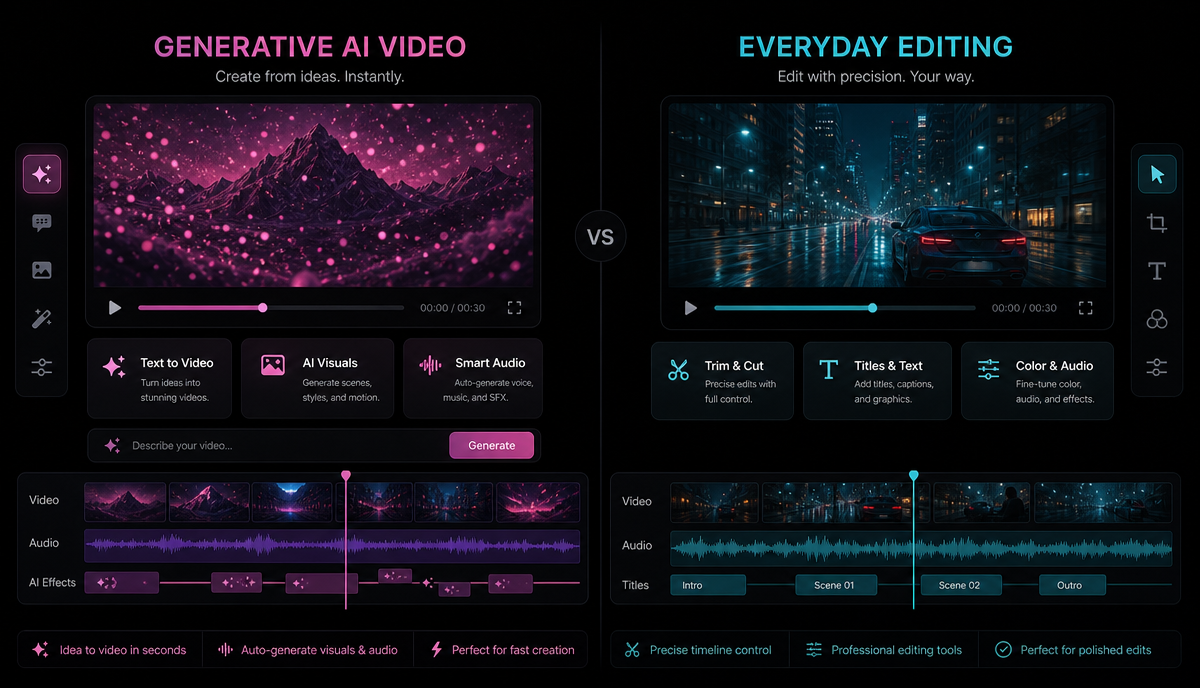 Runway 替代工具盘点(常规剪辑向) 文章详情图:Generative vs editing split