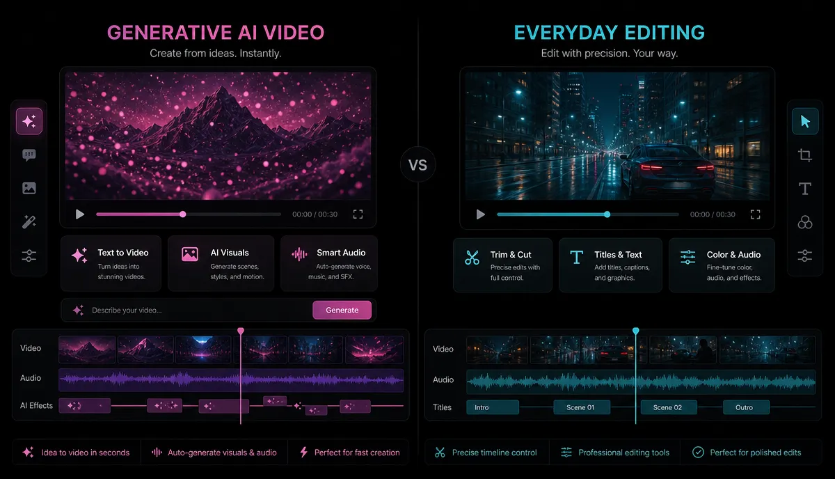 Runway Alternatives for Everyday Video Editing (2026) detail image: Generative vs editing split