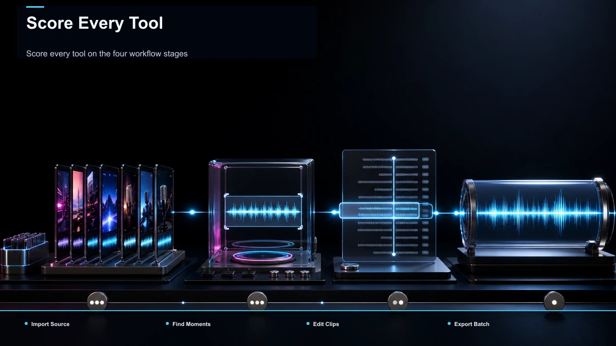 Steps for Score Every Tool: Import Source, Find Moments, Edit Clips.