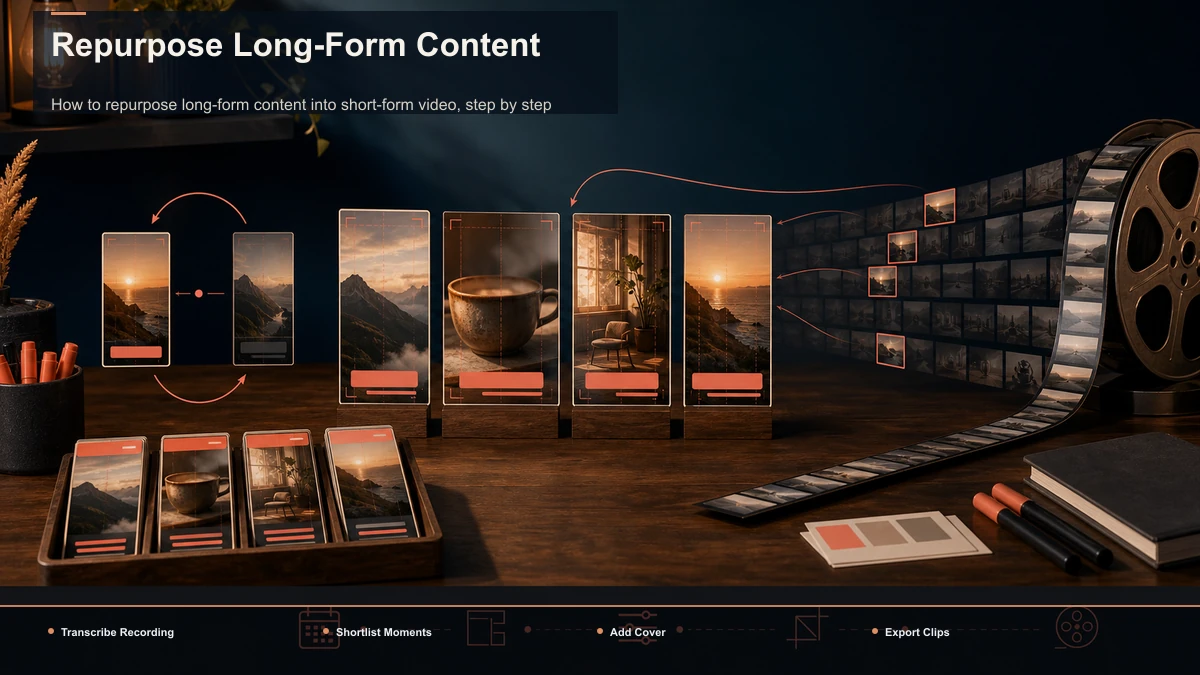Steps for Repurpose Long-Form Content: Transcribe Recording, Shortlist Moments, Add Cover.