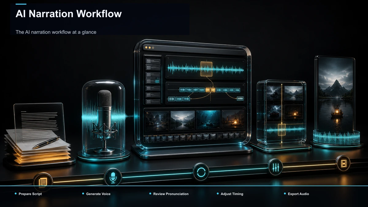 Steps for AI Narration Workflow: Prepare Script, Generate Voice, Review Pronunciation.