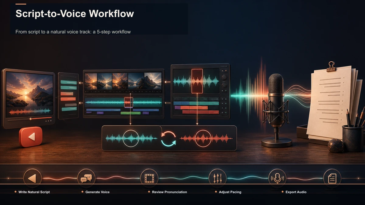 Steps for Script-to-Voice Workflow: Write Natural Script, Generate Voice, Review Pronunciation.