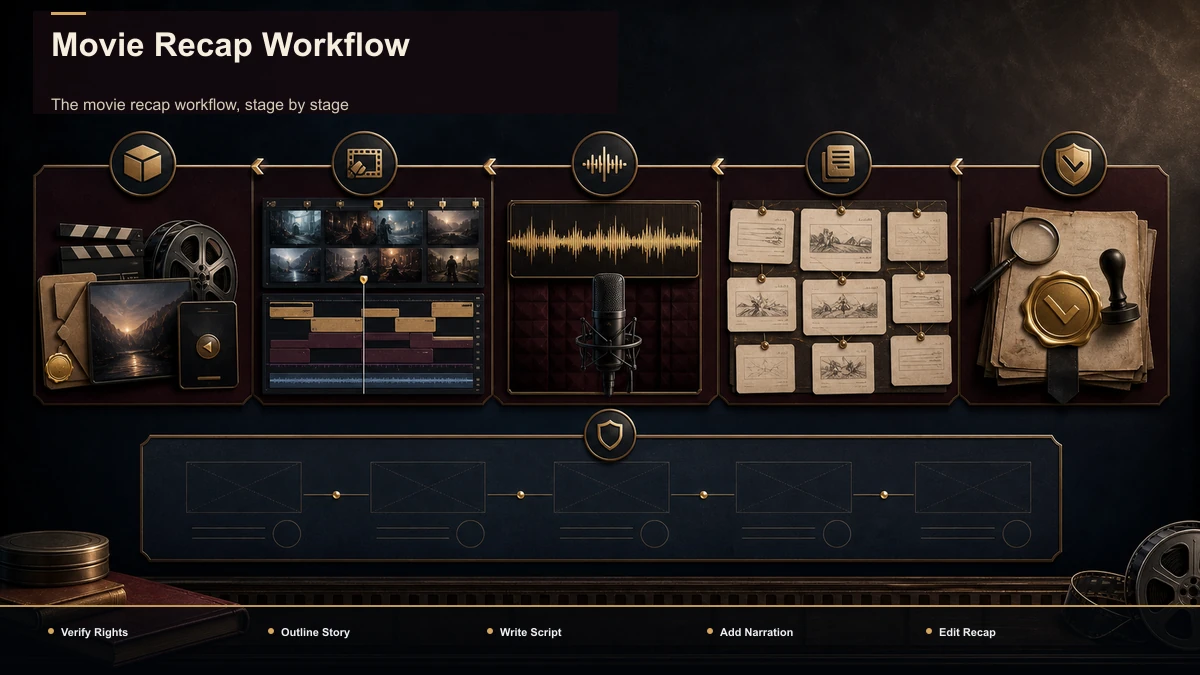 Steps for Movie Recap Workflow: Verify Rights, Outline Story, Write Script.
