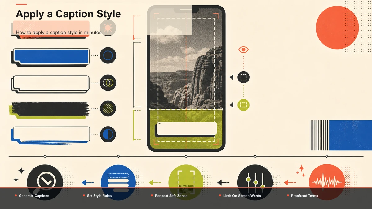 Steps for Apply a Caption Style: Generate Captions, Set Style Rules, Respect Safe Zones.