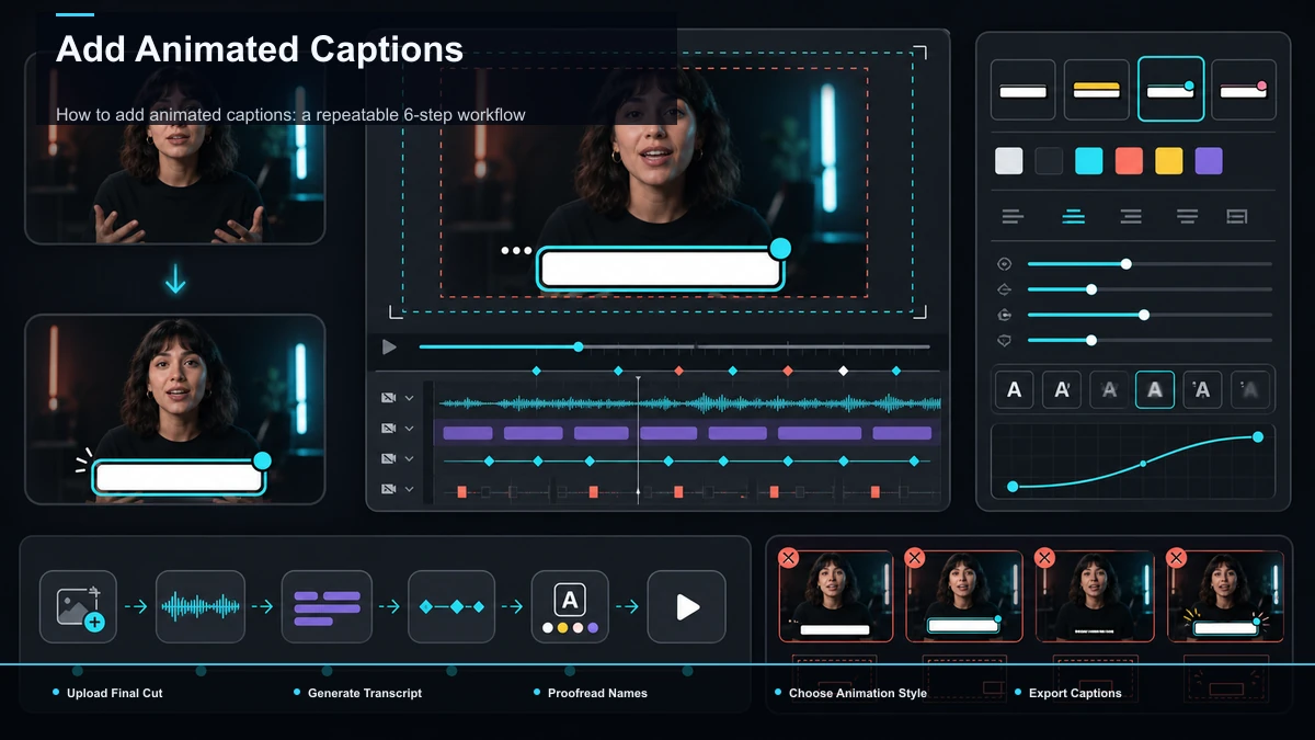 Steps for Add Animated Captions: Upload Final Cut, Generate Transcript, Proofread Names.
