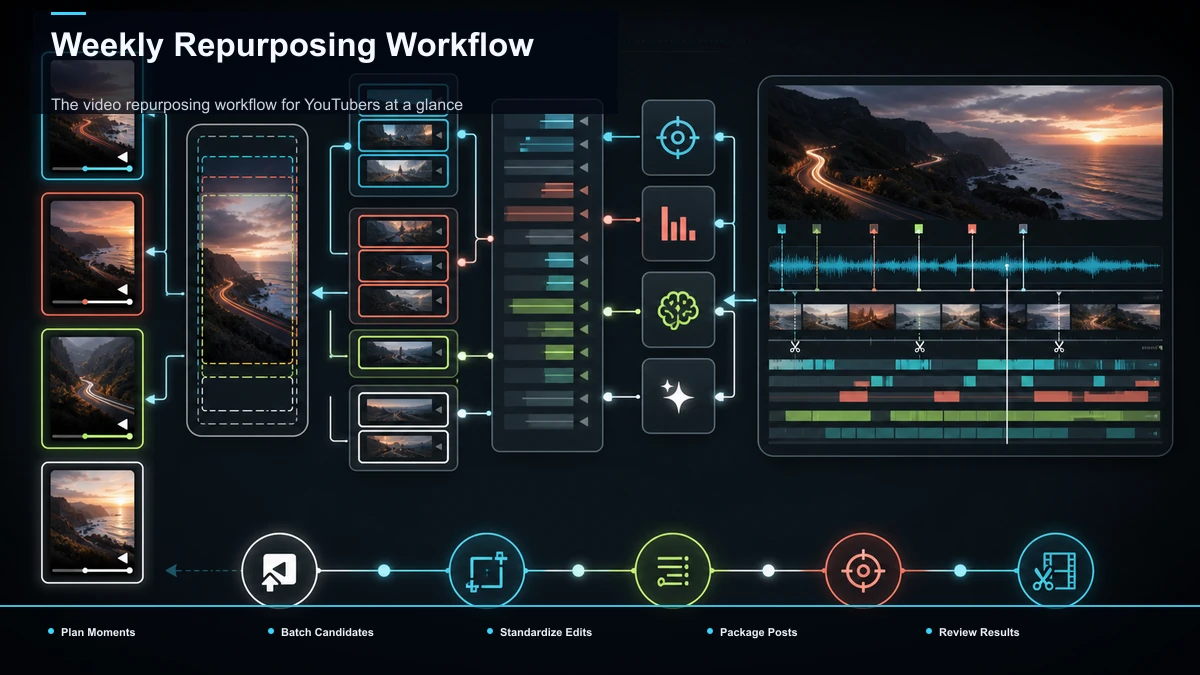 Steps for Weekly Repurposing Workflow: Plan Moments, Batch Candidates, Standardize Edits.