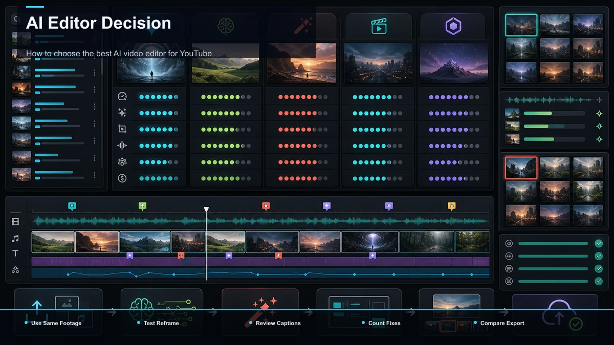Steps for AI Editor Decision: Use Same Footage, Test Reframe, Review Captions.