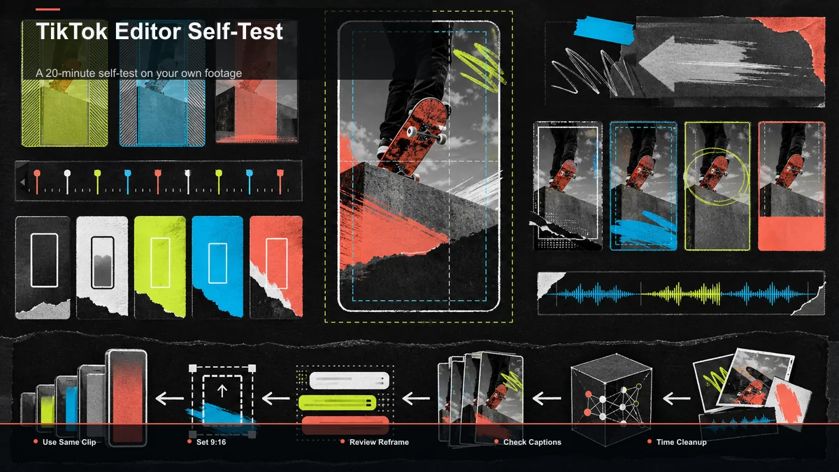 Steps for TikTok Editor Self-Test: Use Same Clip, Set 9:16, Review Reframe.