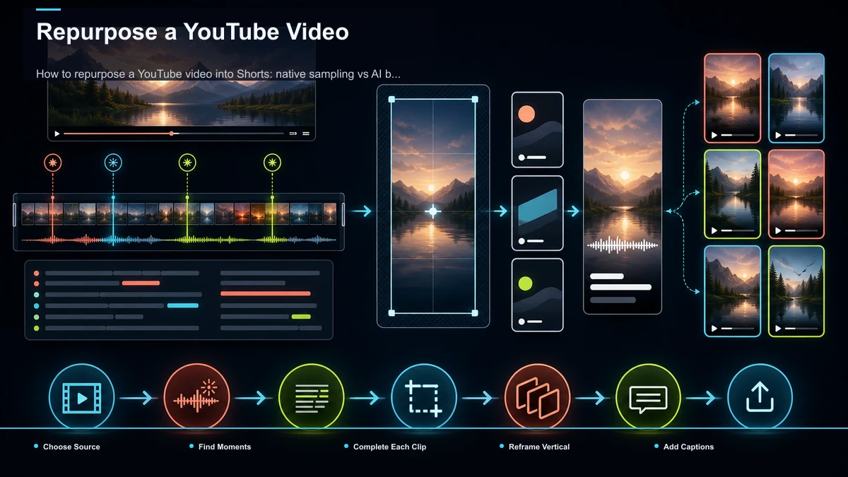 Steps for Repurpose a YouTube Video: Choose Source, Find Moments, Complete Each Clip.