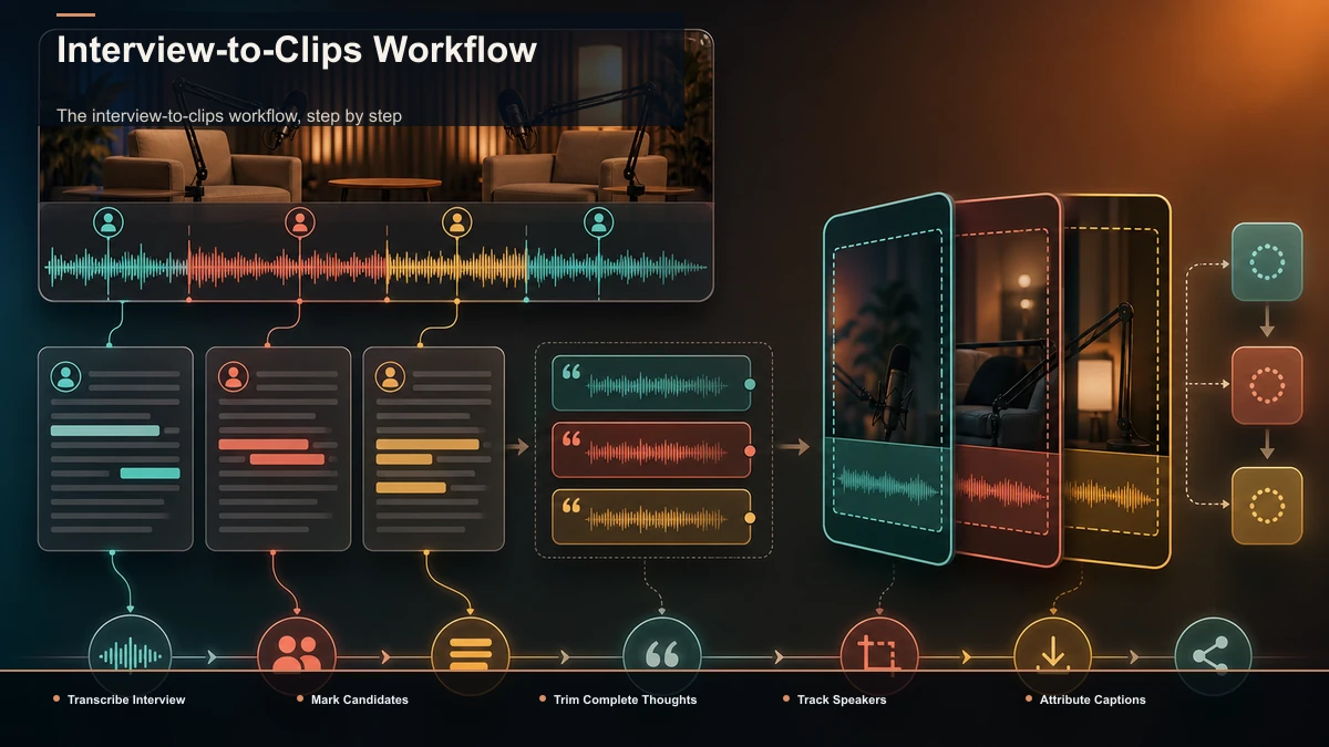 Steps for Interview-to-Clips Workflow: Transcribe Interview, Mark Candidates, Trim Complete Thoughts.