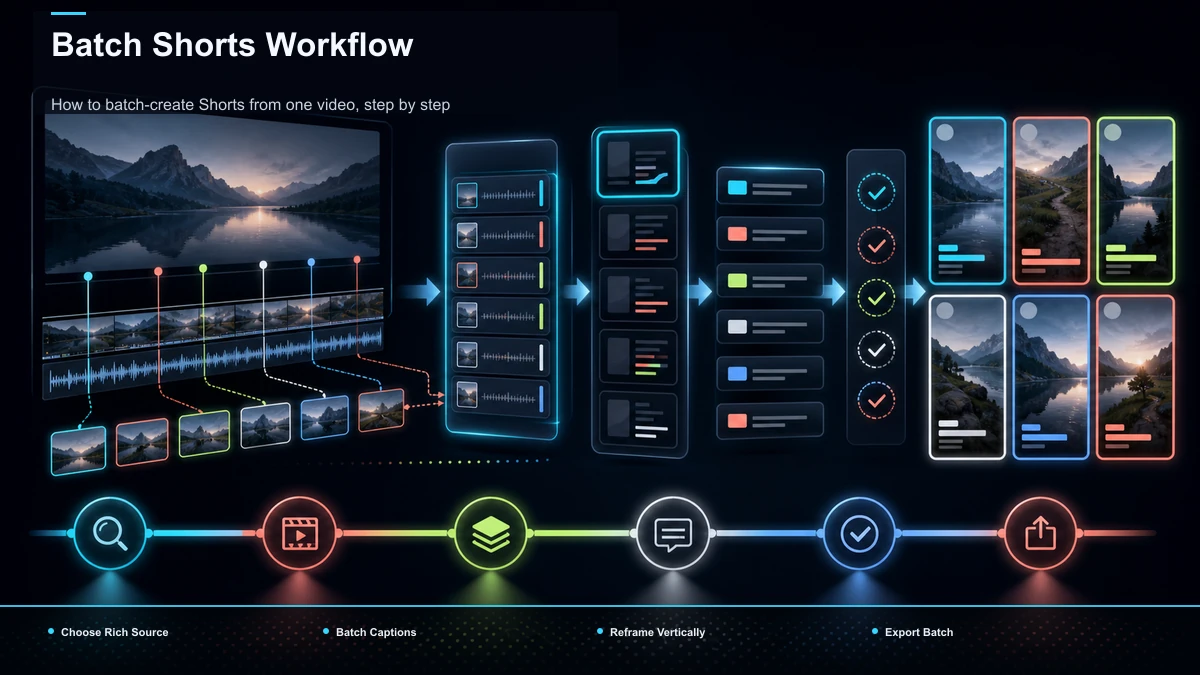Steps for Batch Shorts Workflow: Choose Rich Source, Batch Captions, Reframe Vertically.