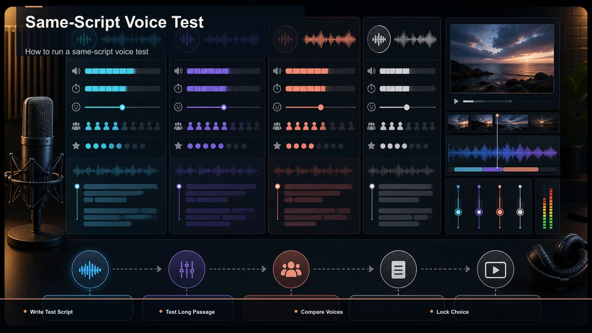 Steps for Same-Script Voice Test: Write Test Script, Test Long Passage, Compare Voices.