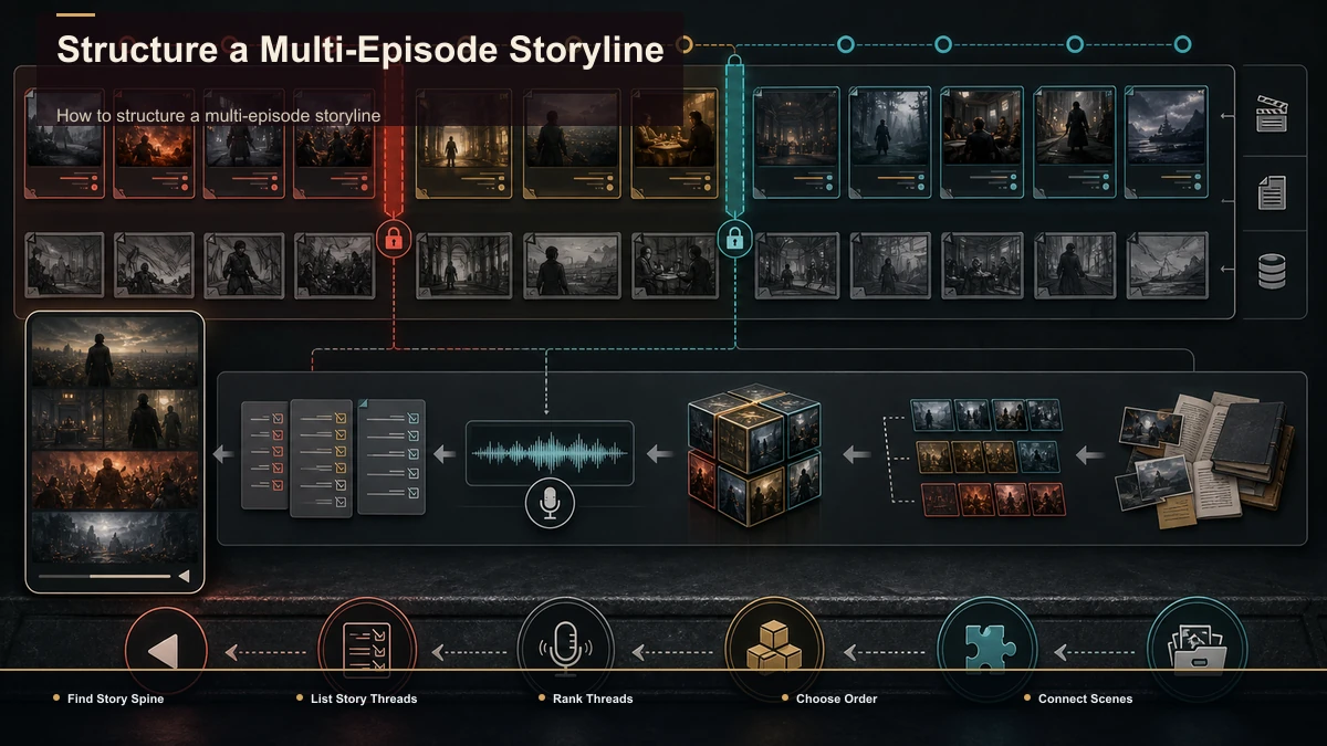 Steps for Structure a Multi-Episode Storyline: Find Story Spine, List Story Threads, Rank Threads.