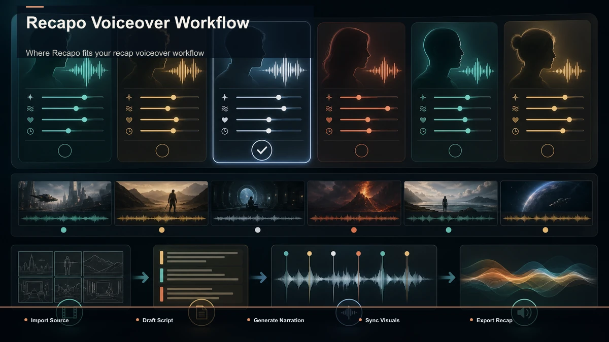 Steps for Recapo Voiceover Workflow: Import Source, Draft Script, Generate Narration.