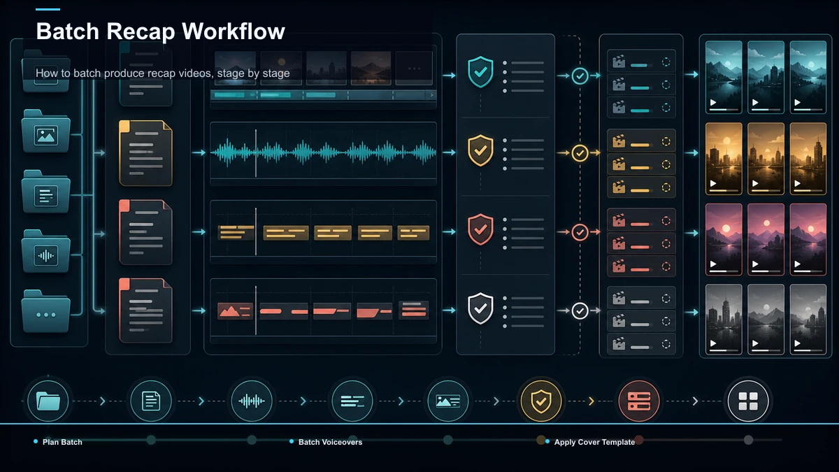 Steps for Batch Recap Workflow: Plan Batch, Batch Voiceovers, Apply Cover Template.