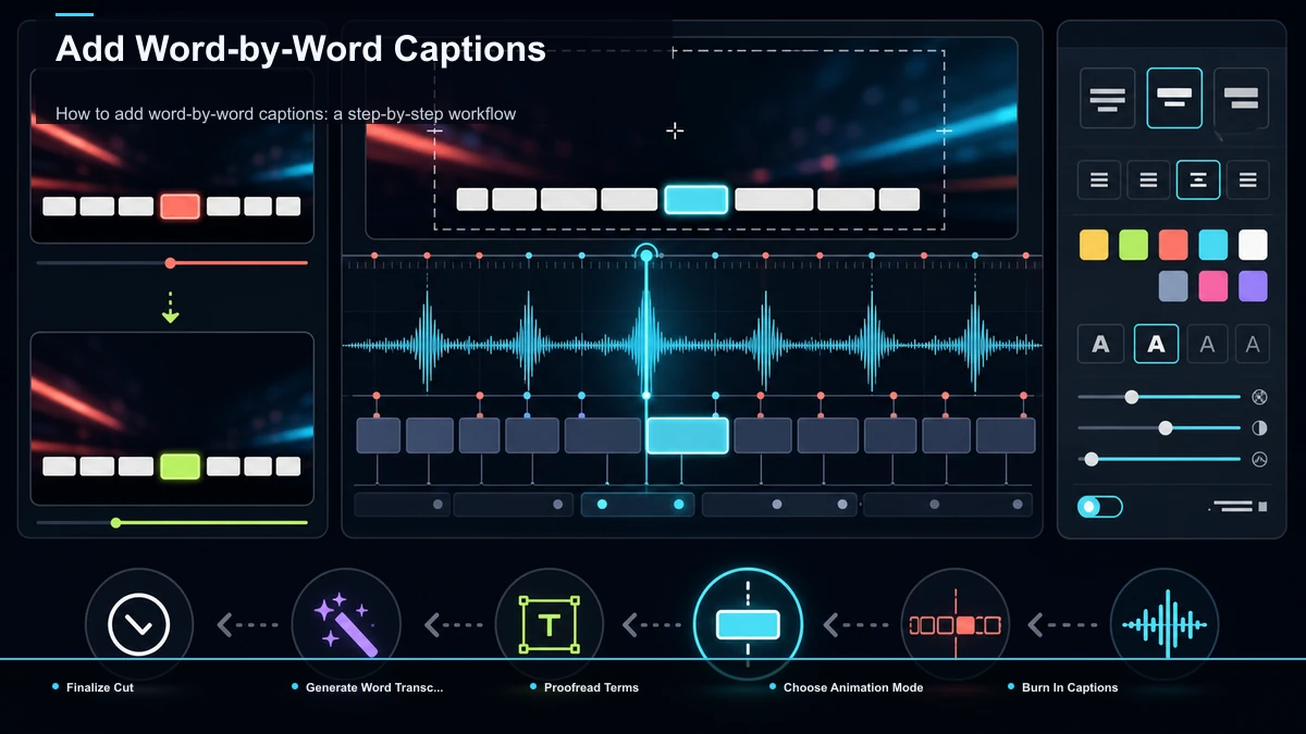 Steps for Add Word-by-Word Captions: Finalize Cut, Generate Word Transcript, Proofread Terms.