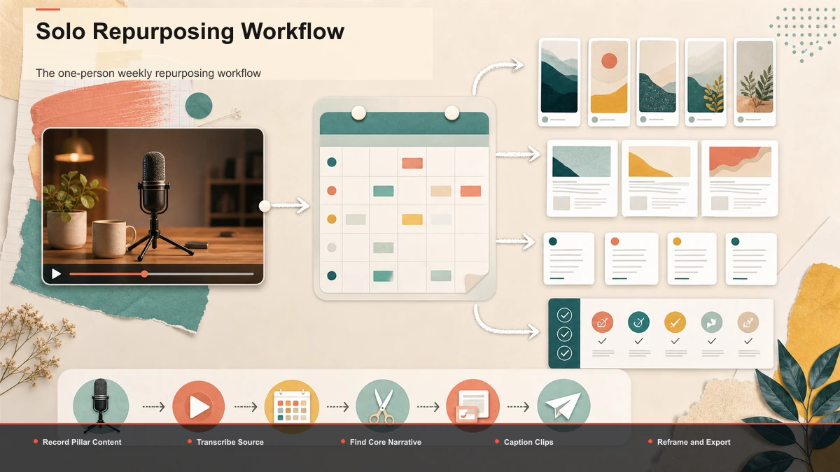 Steps for Solo Repurposing Workflow: Record Pillar Content, Transcribe Source, Find Core Narrative.