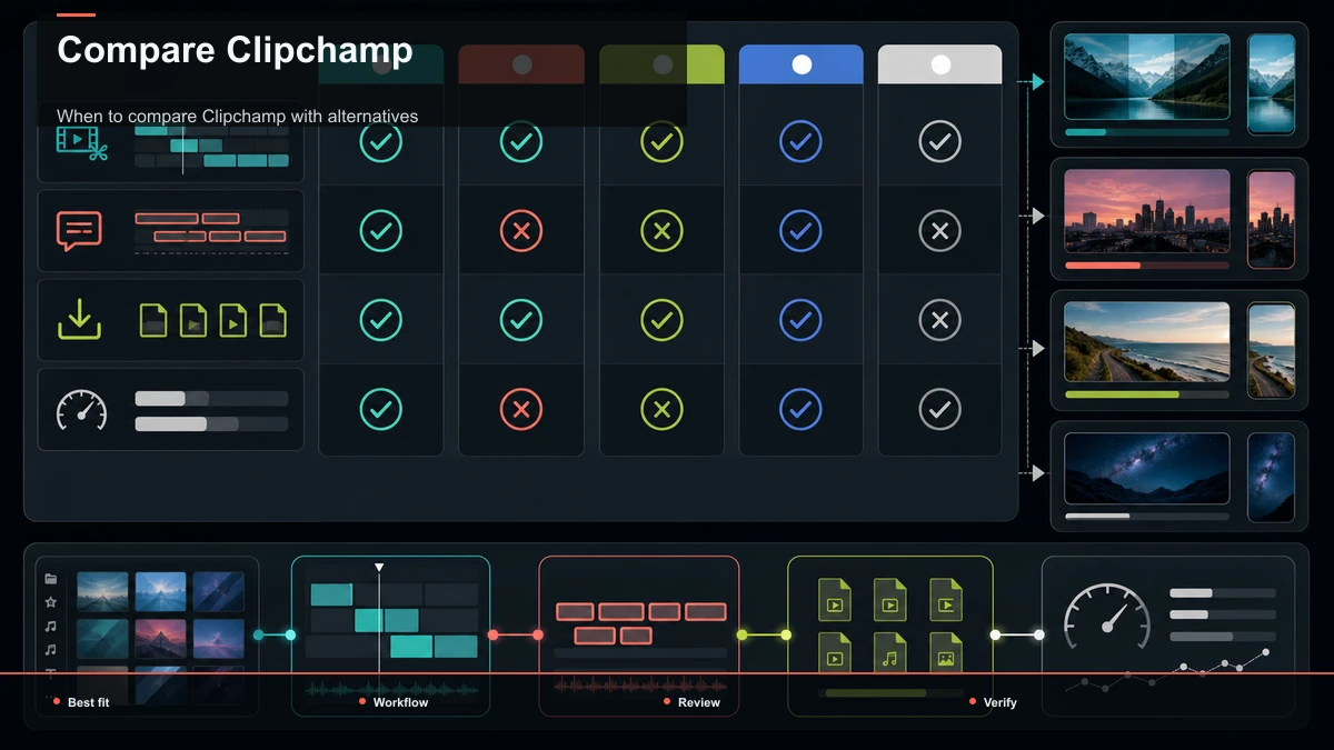 “什么时候值得把 Clipchamp 与其他工具比较”对比表,数据单元格留待核实后填写。