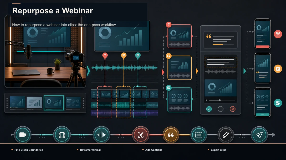 Steps for Repurpose a Webinar: Find Clean Boundaries, Reframe Vertical, Add Captions.