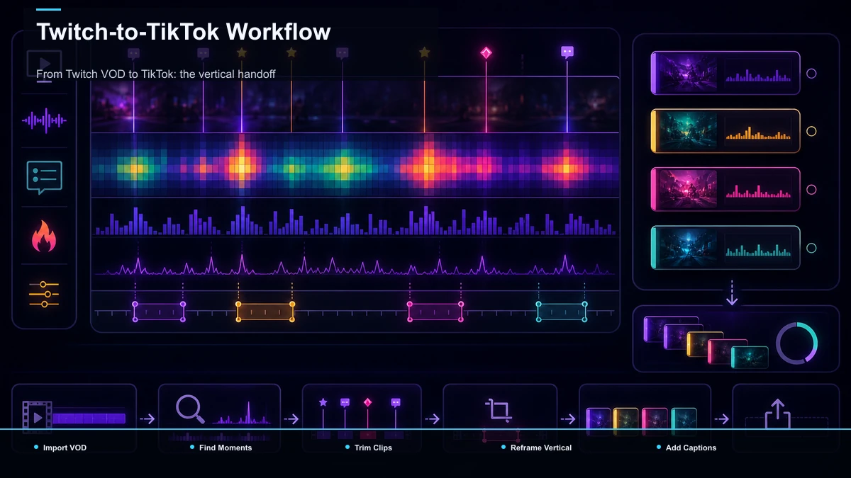 Steps for Twitch-to-TikTok Workflow: Import VOD, Find Moments, Trim Clips.