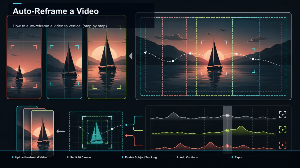 Steps for Auto-Reframe a Video: Upload Horizontal Video, Set 9:16 Canvas, Enable Subject Tracking.