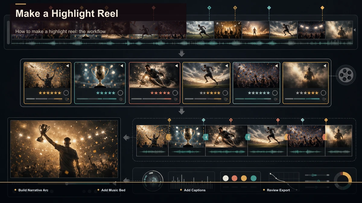 Steps for Make a Highlight Reel: Build Narrative Arc, Add Music Bed, Add Captions.