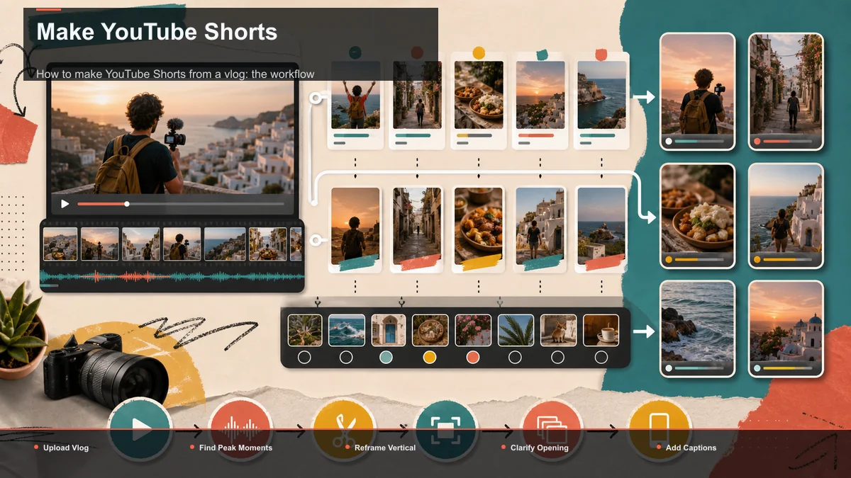 Steps for Make YouTube Shorts: Upload Vlog, Find Peak Moments, Reframe Vertical.