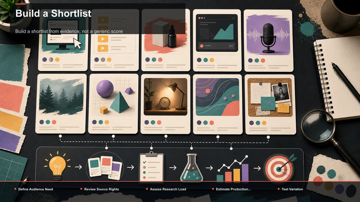 Steps for Build a Shortlist: Define Audience Need, Review Source Rights, Assess Research Load.