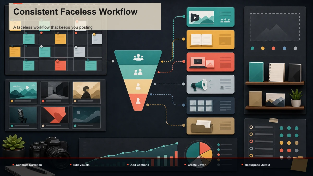 Steps for Consistent Faceless Workflow: Generate Narration, Edit Visuals, Add Captions.