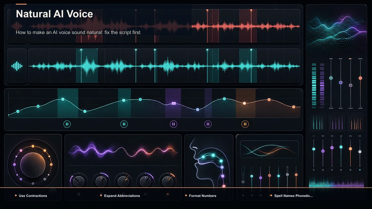Steps for Natural AI Voice: Use Contractions, Expand Abbreviations, Format Numbers.