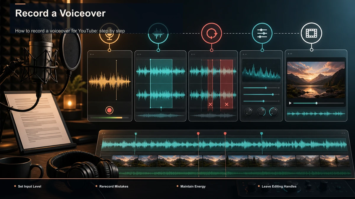 Steps for Record a Voiceover: Set Input Level, Rerecord Mistakes, Maintain Energy.