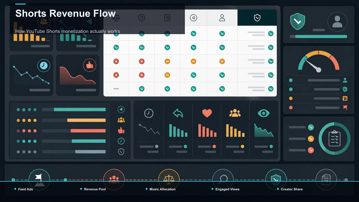 Steps for Shorts Revenue Flow: Feed Ads, Revenue Pool, Music Allocation.