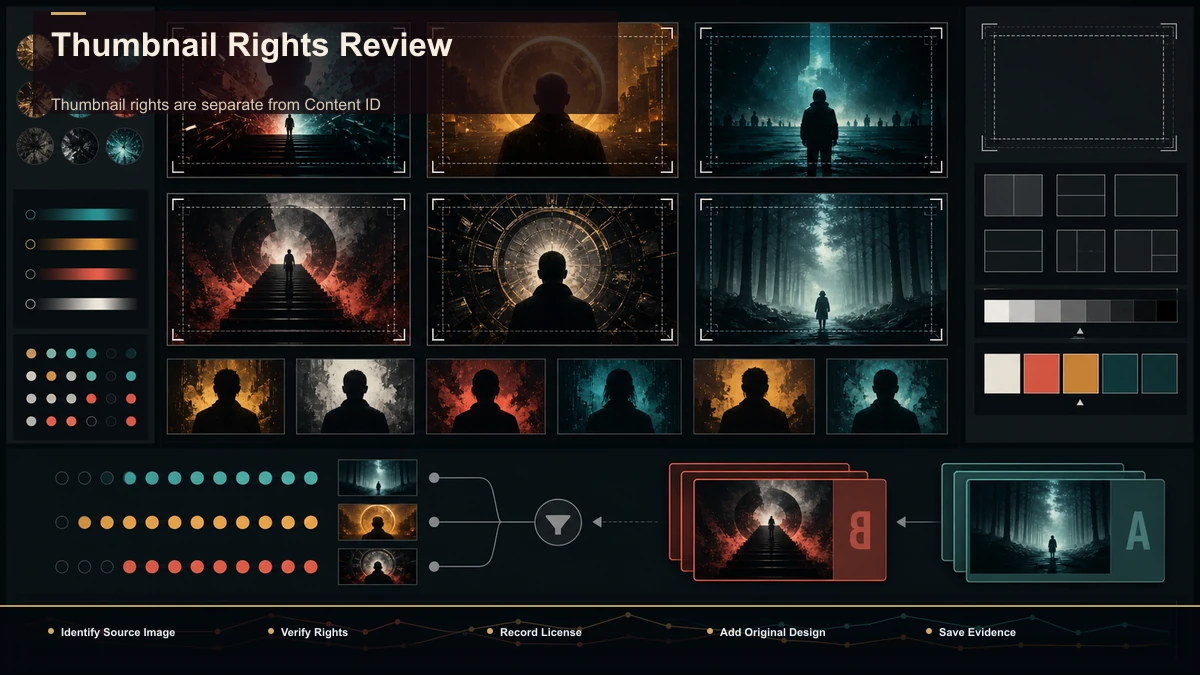 Steps for Thumbnail Rights Review: Identify Source Image, Verify Rights, Record License.
