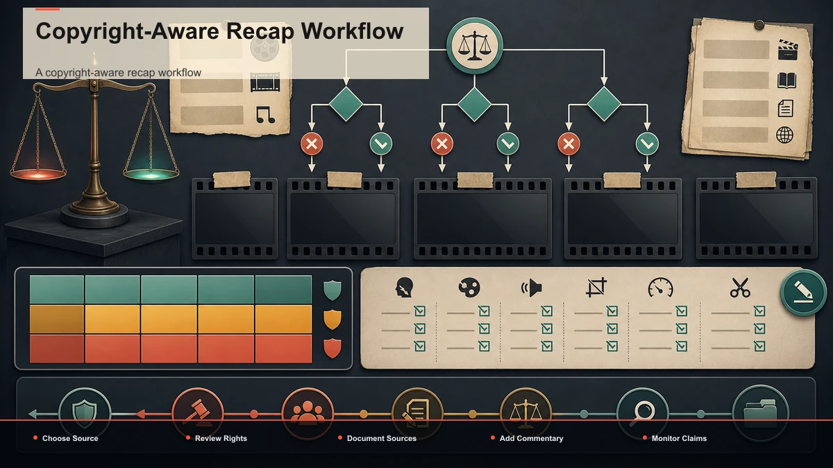 Steps for Copyright-Aware Recap Workflow: Choose Source, Review Rights, Document Sources.