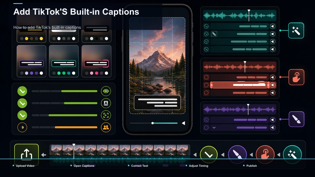 Steps for Add TikTok'S Built-in Captions: Upload Video, Open Captions, Correct Text.