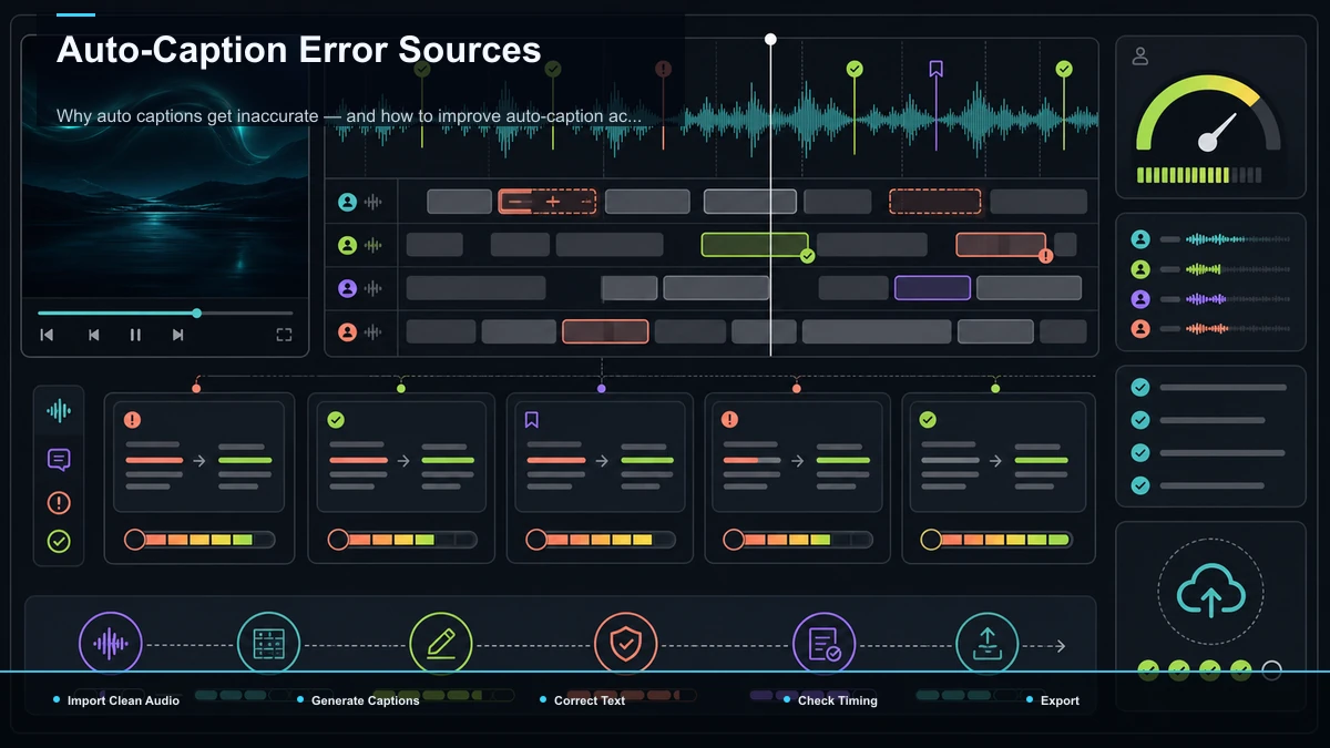 Steps for Auto-Caption Error Sources: Import Clean Audio, Generate Captions, Correct Text.
