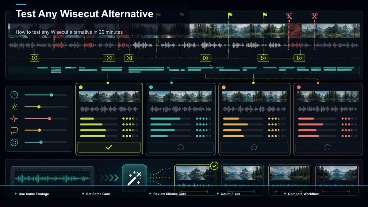 Steps for Test Any Wisecut Alternative: Use Same Footage, Set Same Goal, Review Silence Cuts.