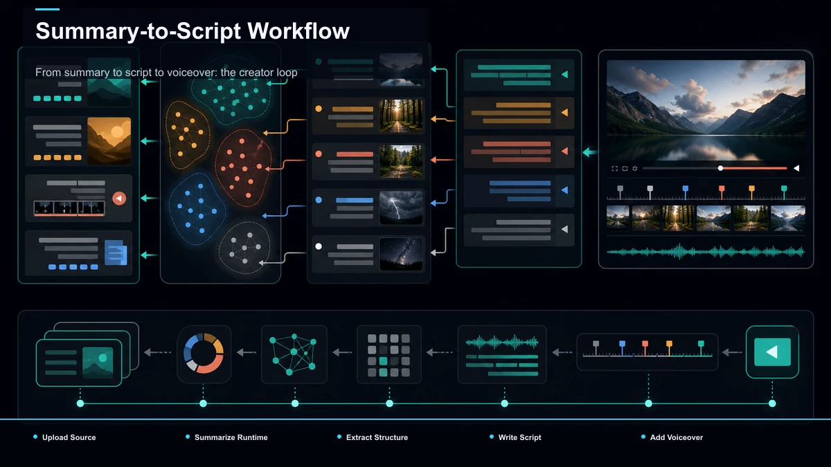Steps for Summary-to-Script Workflow: Upload Source, Summarize Runtime, Extract Structure.