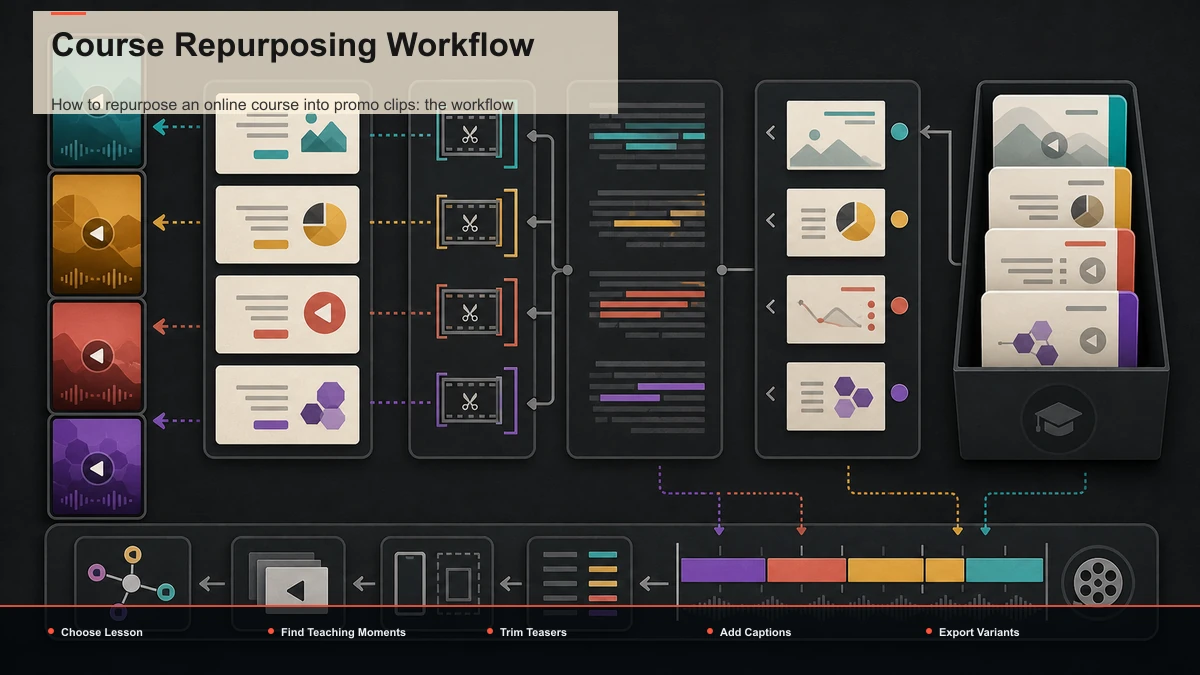 Steps for Course Repurposing Workflow: Choose Lesson, Find Teaching Moments, Trim Teasers.