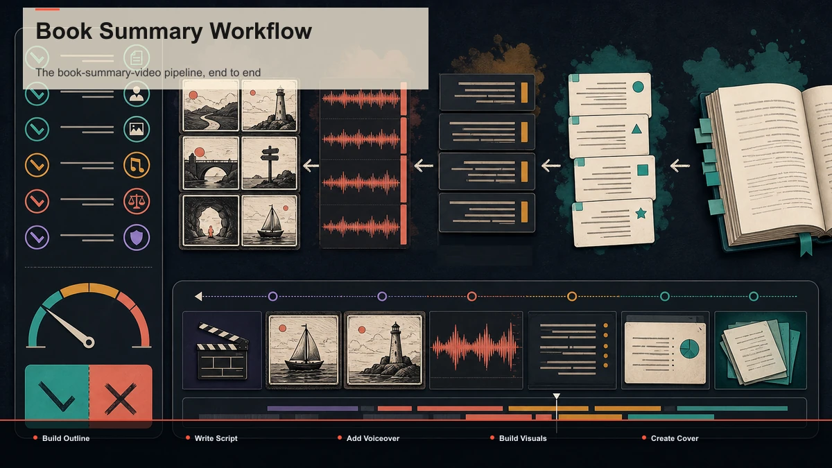 Steps for Book Summary Workflow: Build Outline, Write Script, Add Voiceover.