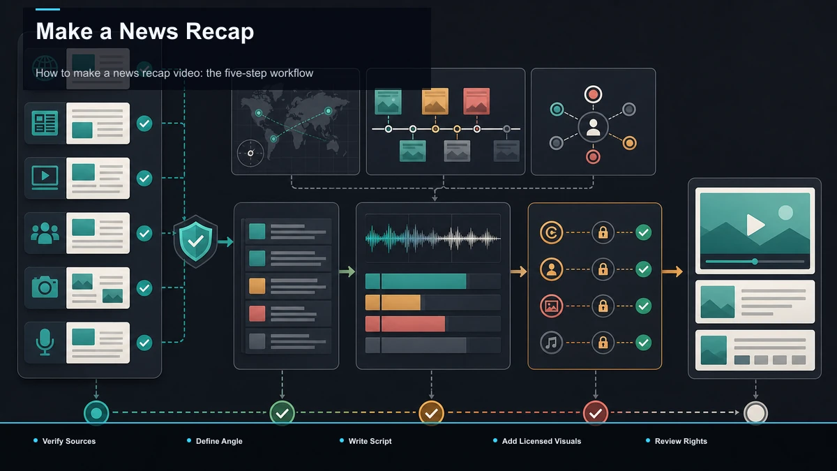 Steps for Make a News Recap: Verify Sources, Define Angle, Write Script.